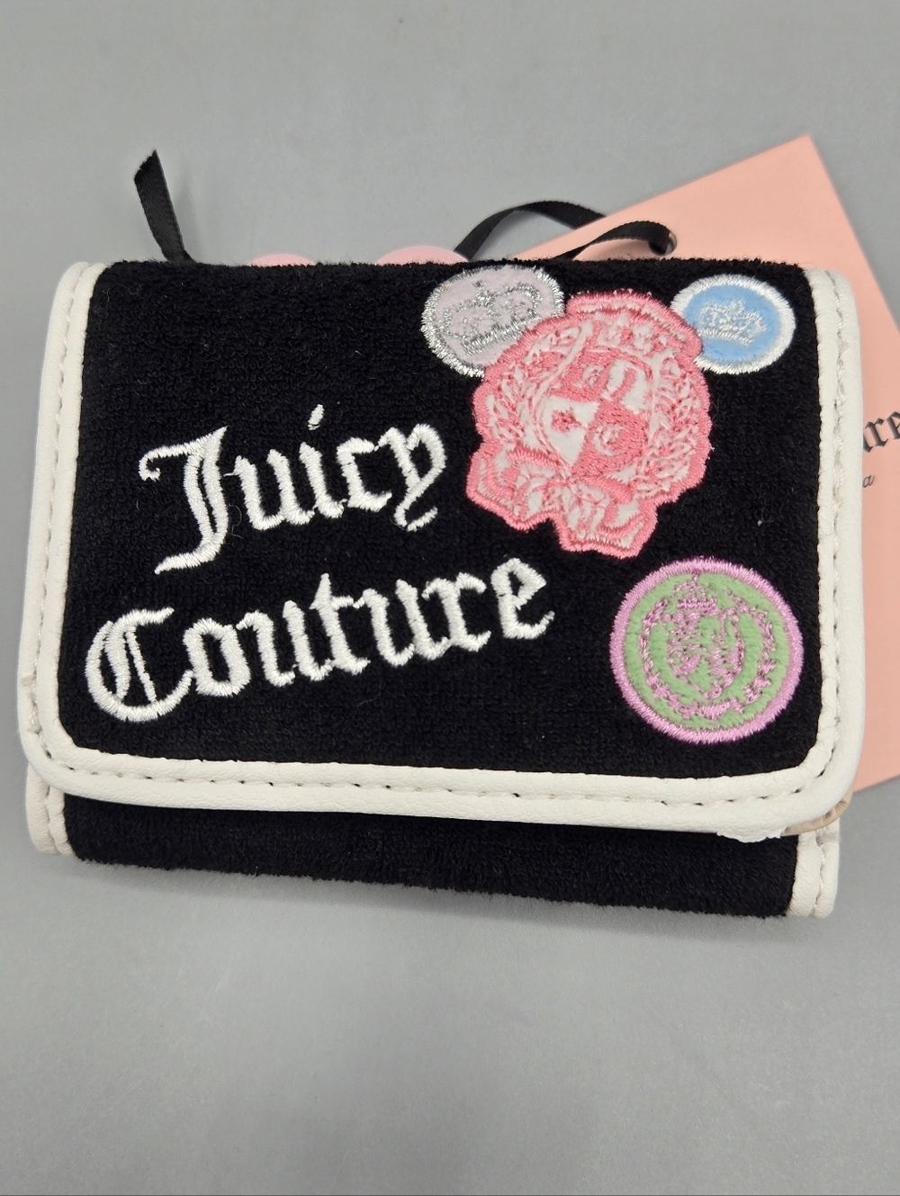 Juicy Couture Black Terry Wallet with White Trim and Pink Tag